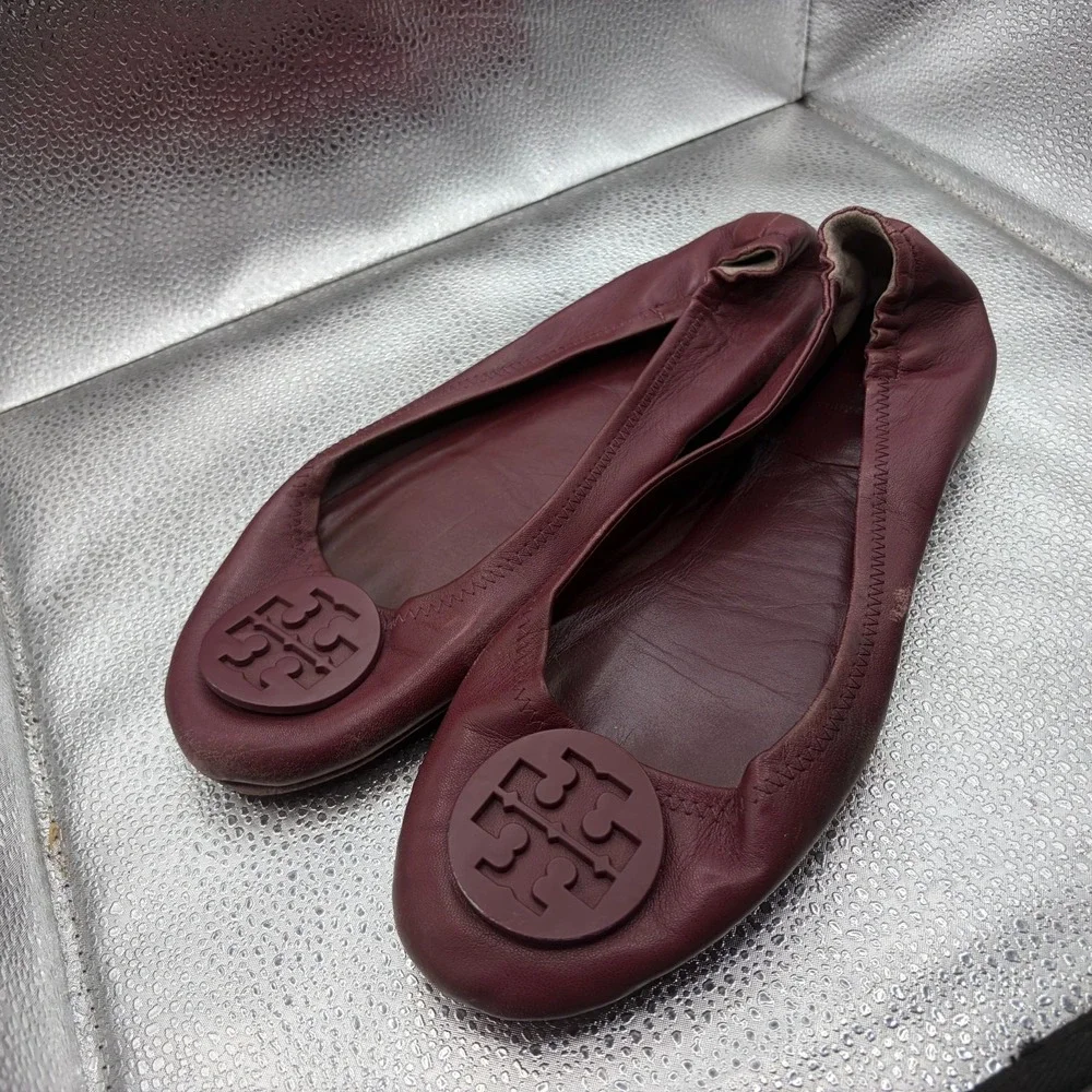 Size 11 M Tory Burch Minnie Burgundy Womens Leather Logo Travel Ballet‎ Flats